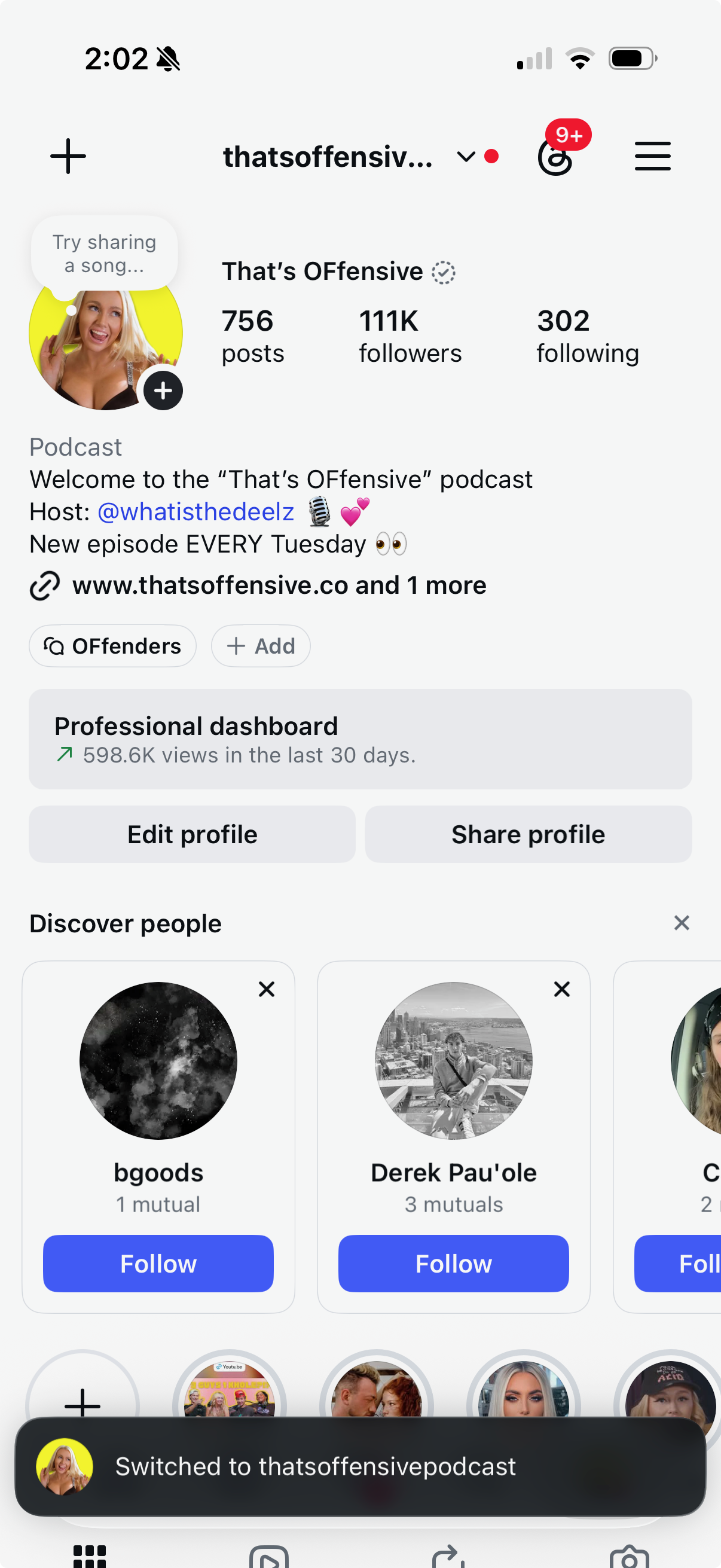 Instagram profile screenshot for thatsoffensivepodcast